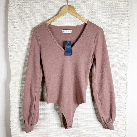 ABERCROMBIE tan Soft A&F Cozy long sleeve thong bodysuit S NEW - Picture 1 of 6